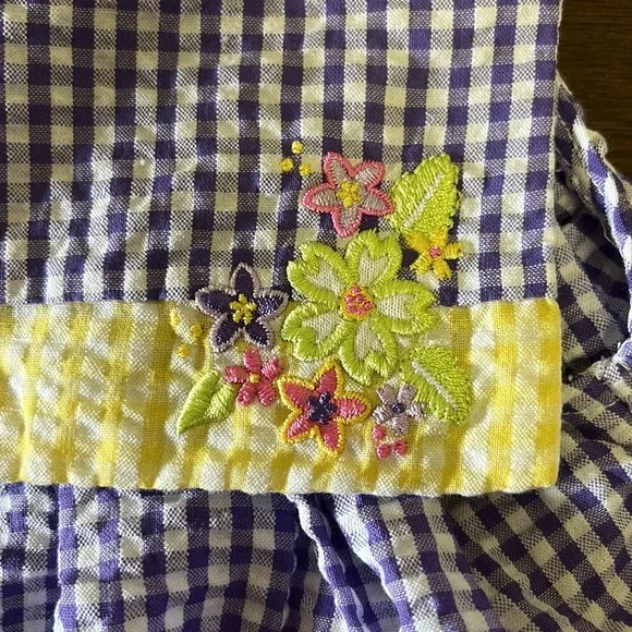 Vintage Cotton Toddler Dress Yellow Purple Floral Gingham Peter Pan Collar NEW - Picture 2 of 6